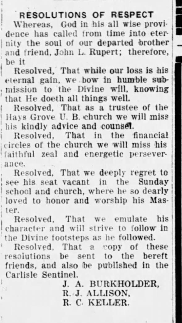 John L Rupert resolution of respect 1925